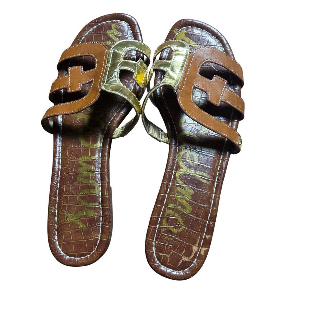 Sam Edelman Bay Slides Flat Sandals Womens 10M Brown Gold Croc Embossed 902351
